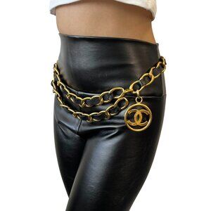 CHANEL Vintage CC Mark Logo Chain Belt Accessory Gold Black Leather [106060]